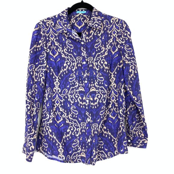 J. McLaughlin Shirt Women's XS Paisley Silk Cotton Button up Blouse Blue/Tan - Picture 1 of 6